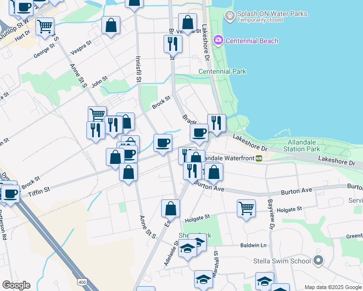 map of restaurants, bars, coffee shops, grocery stores, and more near 233 Innisfil Street in Barrie