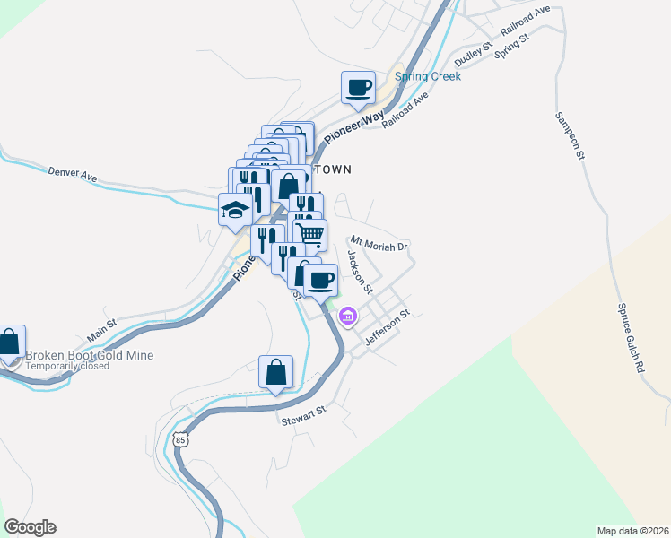 map of restaurants, bars, coffee shops, grocery stores, and more near 65 Sherman Street in Deadwood