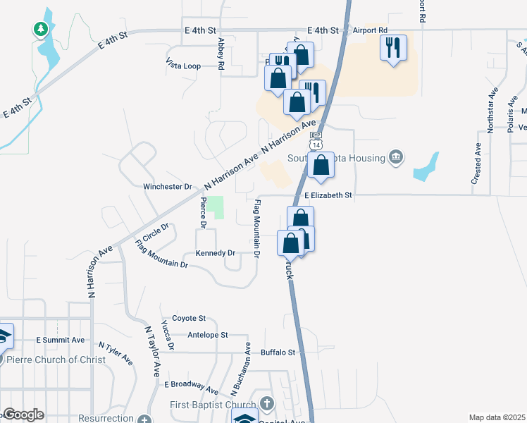 map of restaurants, bars, coffee shops, grocery stores, and more near 2311 Flag Mountain Drive in Pierre