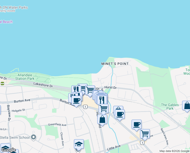 map of restaurants, bars, coffee shops, grocery stores, and more near 10 White Oaks Road in Barrie