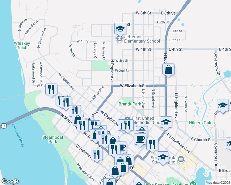 map of restaurants, bars, coffee shops, grocery stores, and more near N Poplar Ave in Pierre