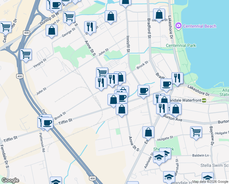 map of restaurants, bars, coffee shops, grocery stores, and more near in Barrie