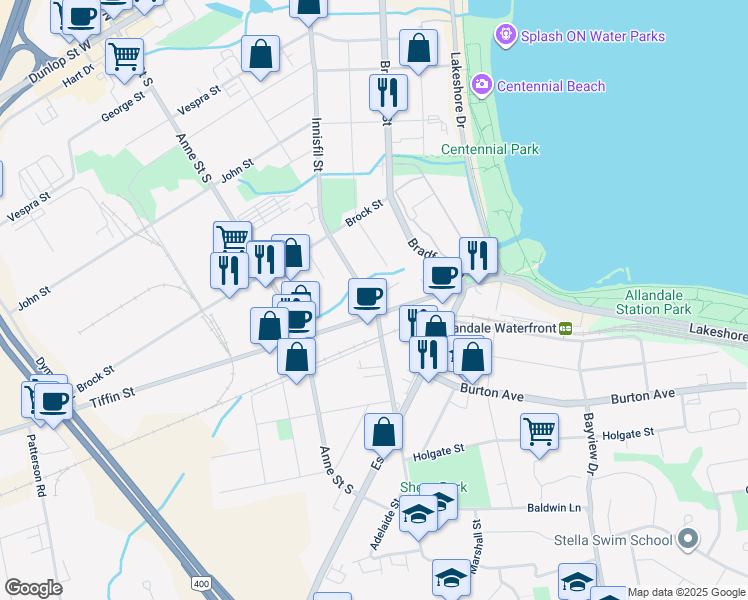 map of restaurants, bars, coffee shops, grocery stores, and more near 233 Innisfil Street in Barrie