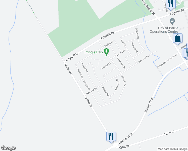 map of restaurants, bars, coffee shops, grocery stores, and more near 60 Knupp Road in Barrie