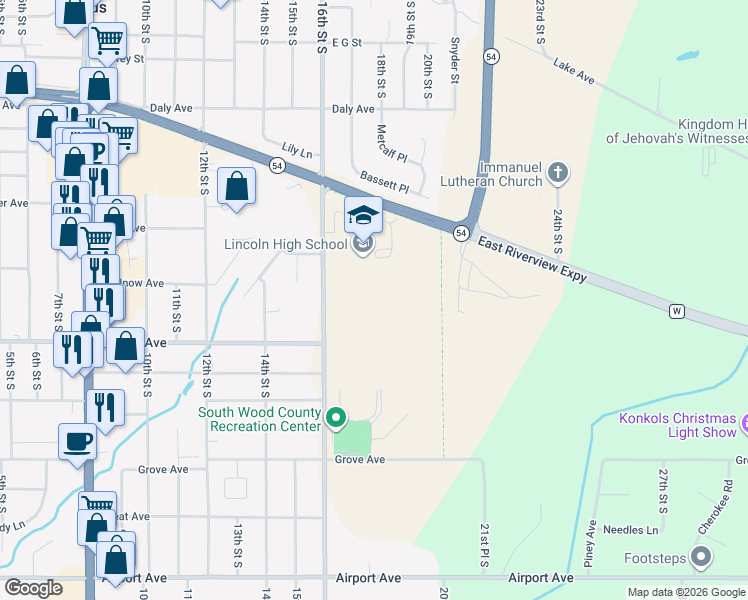 map of restaurants, bars, coffee shops, grocery stores, and more near 1801 16th Street South in Wisconsin Rapids