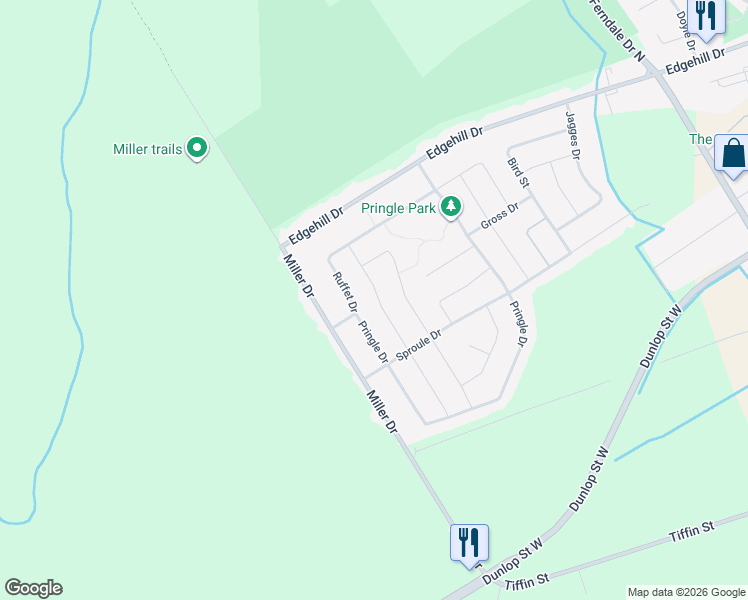 map of restaurants, bars, coffee shops, grocery stores, and more near 72 Kraus Road in Barrie