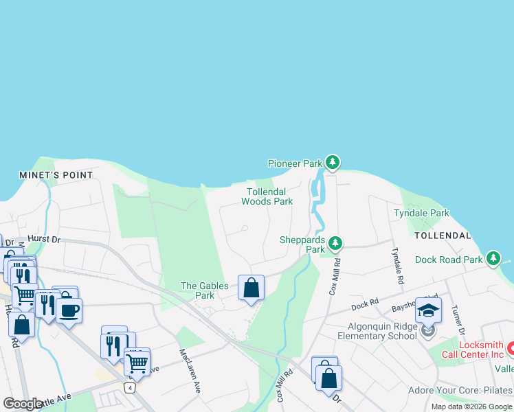 map of restaurants, bars, coffee shops, grocery stores, and more near 23 Royal Oak Drive in Barrie