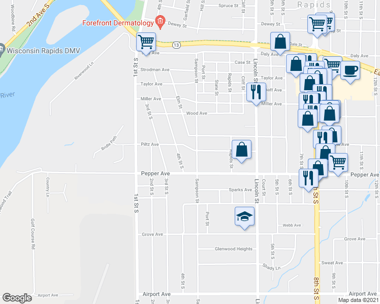 map of restaurants, bars, coffee shops, grocery stores, and more near 420 Piltz Avenue in Wisconsin Rapids