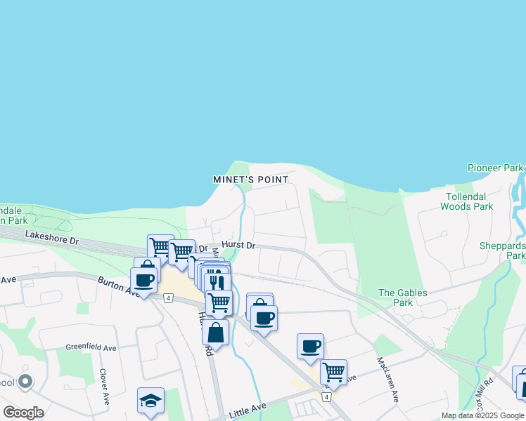 map of restaurants, bars, coffee shops, grocery stores, and more near 202 Cliff Road in Barrie