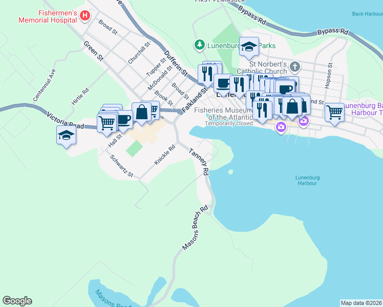 map of restaurants, bars, coffee shops, grocery stores, and more near 56 Tannery Road in Lunenburg