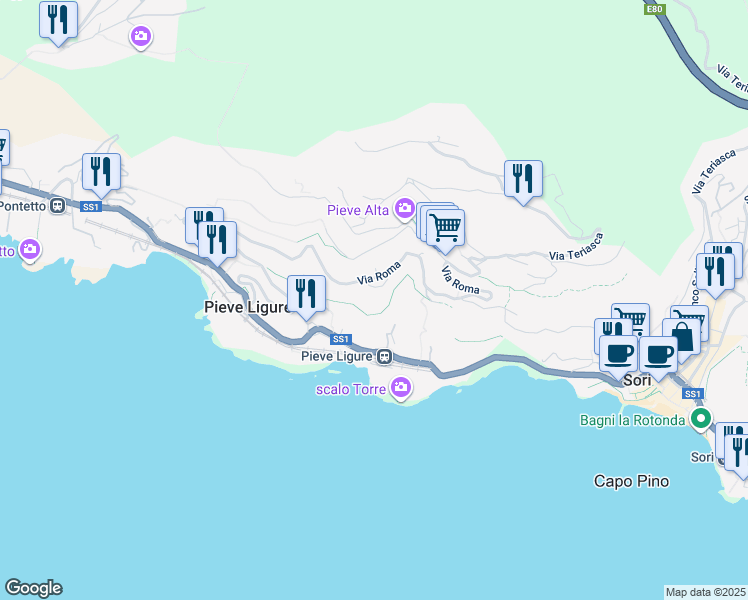 map of restaurants, bars, coffee shops, grocery stores, and more near 1A Via Baralla in Pieve Ligure