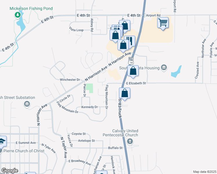 map of restaurants, bars, coffee shops, grocery stores, and more near Flag Mountain Drive in Pierre