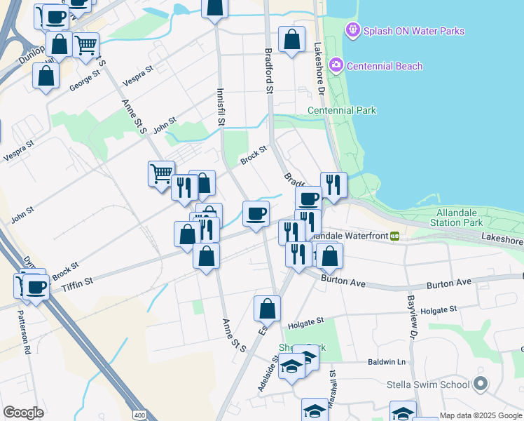 map of restaurants, bars, coffee shops, grocery stores, and more near 233 Innisfil Street in Barrie