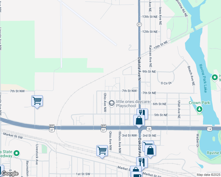map of restaurants, bars, coffee shops, grocery stores, and more near 335-347 7th Street Northwest in Huron