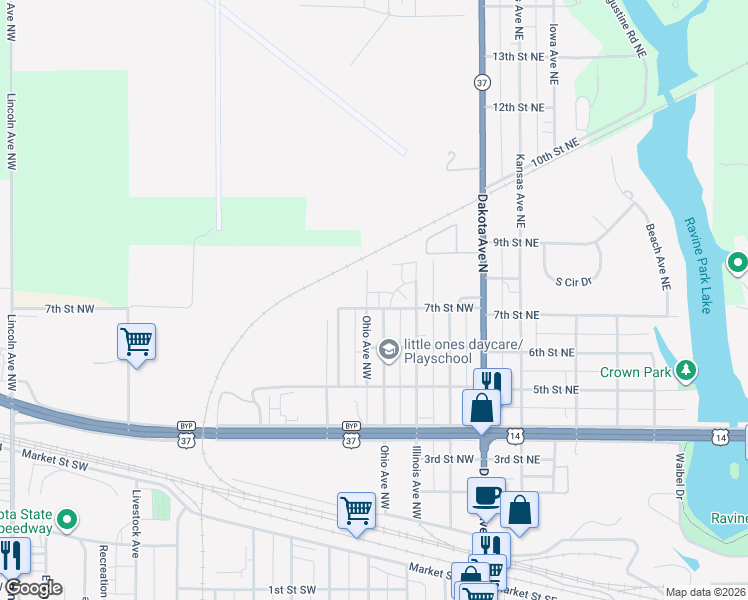 map of restaurants, bars, coffee shops, grocery stores, and more near 335-347 7th Street Northwest in Huron
