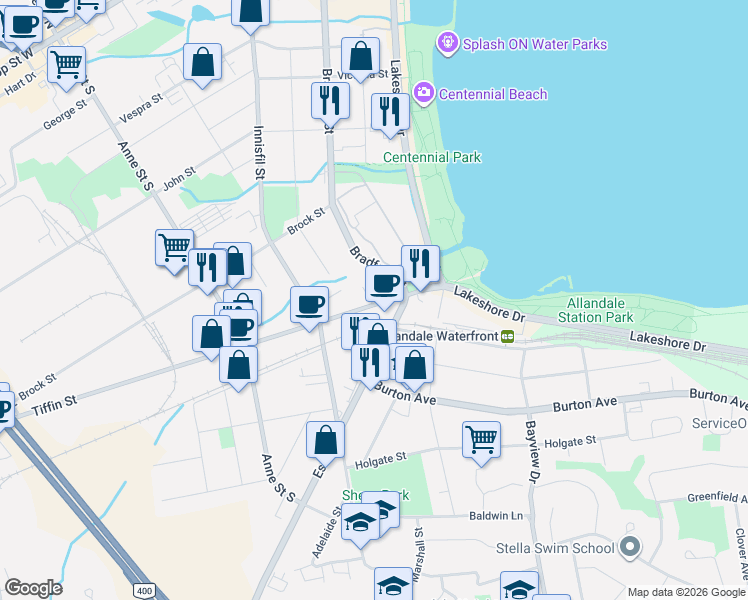 map of restaurants, bars, coffee shops, grocery stores, and more near 46 Tiffin Street in Barrie