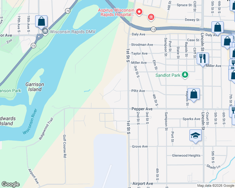 map of restaurants, bars, coffee shops, grocery stores, and more near 96 River Ridge Road in Wisconsin Rapids