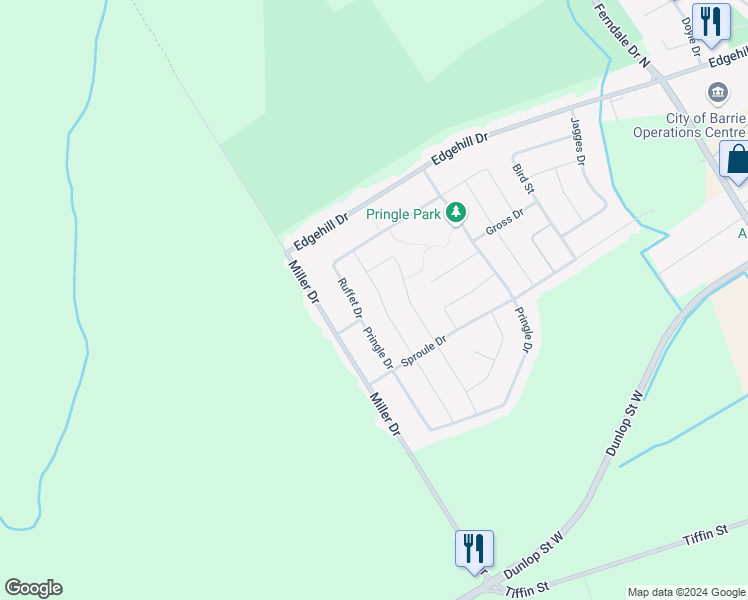 map of restaurants, bars, coffee shops, grocery stores, and more near 72 Kraus Road in Barrie