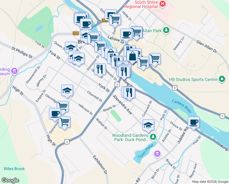 map of restaurants, bars, coffee shops, grocery stores, and more near 45 Dufferin Street in Bridgewater