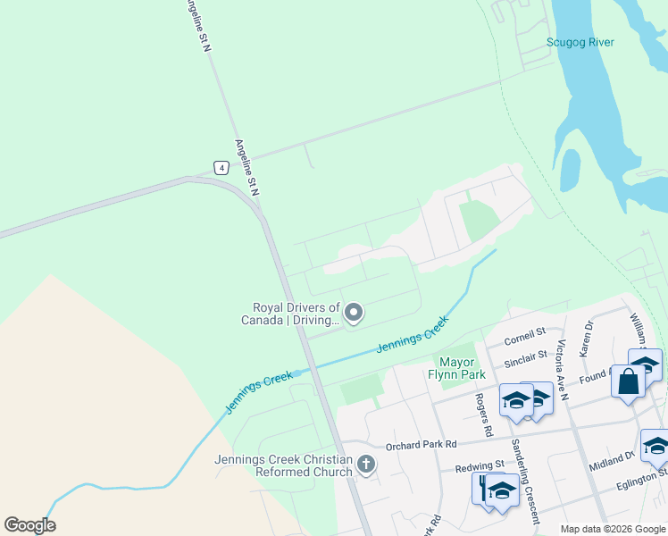 map of restaurants, bars, coffee shops, grocery stores, and more near 32 Springdale Drive in Kawartha Lakes