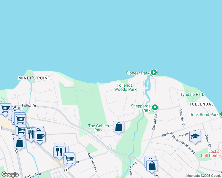 map of restaurants, bars, coffee shops, grocery stores, and more near 32 Royal Oak Drive in Barrie