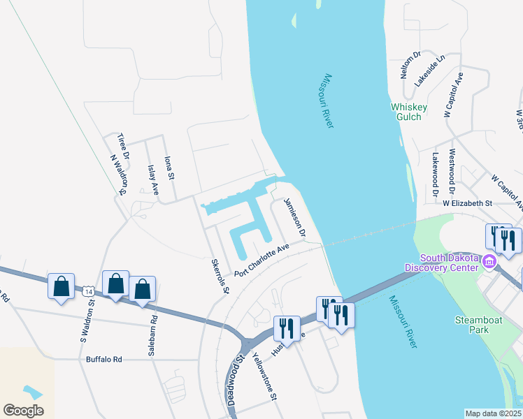 map of restaurants, bars, coffee shops, grocery stores, and more near 322-324 Jamison Drive in Fort Pierre