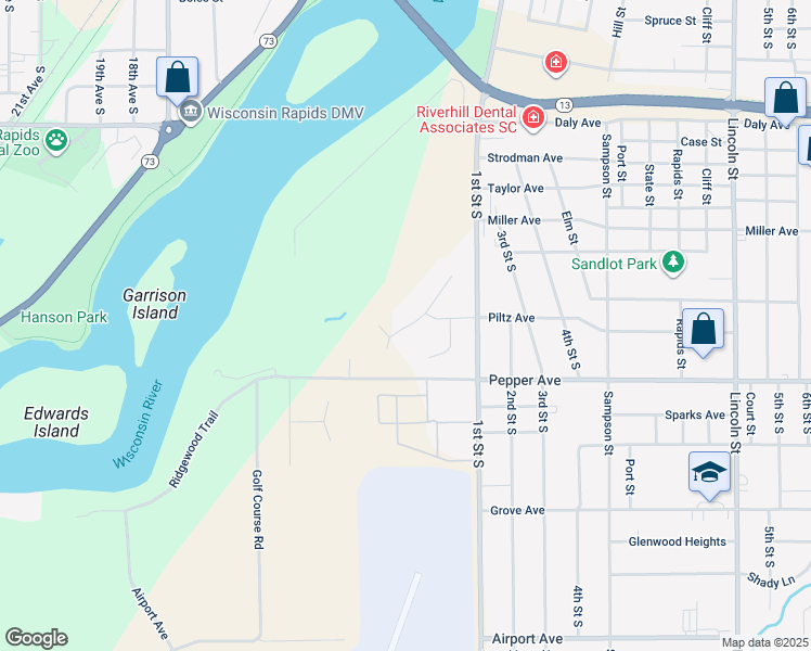 map of restaurants, bars, coffee shops, grocery stores, and more near 2210 Bridle Path in Wisconsin Rapids