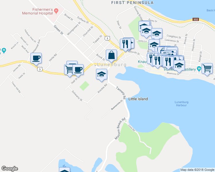 map of restaurants, bars, coffee shops, grocery stores, and more near 11 Knickle Road in Lunenburg