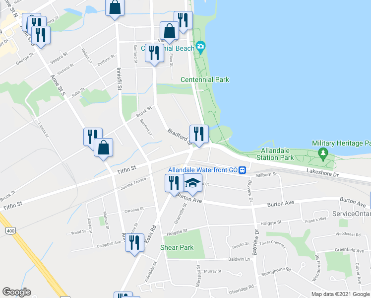 map of restaurants, bars, coffee shops, grocery stores, and more near 32 Tiffin Street in Barrie