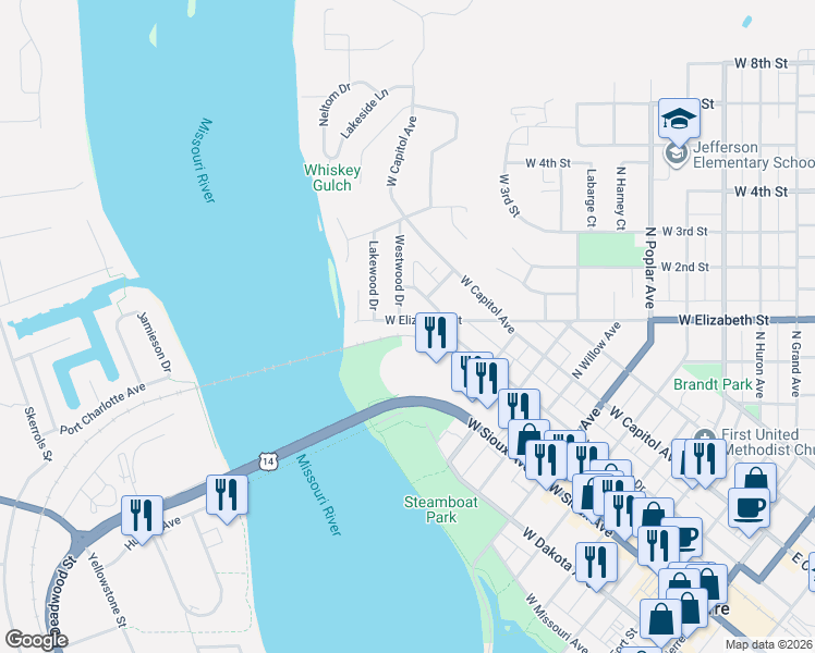 map of restaurants, bars, coffee shops, grocery stores, and more near 1210 West Elizabeth Street in Pierre