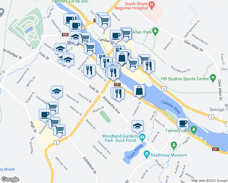 map of restaurants, bars, coffee shops, grocery stores, and more near 25 Saint Andrews Street in Bridgewater