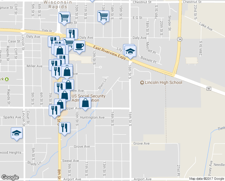map of restaurants, bars, coffee shops, grocery stores, and more near 2151 14th Street South in Wisconsin Rapids