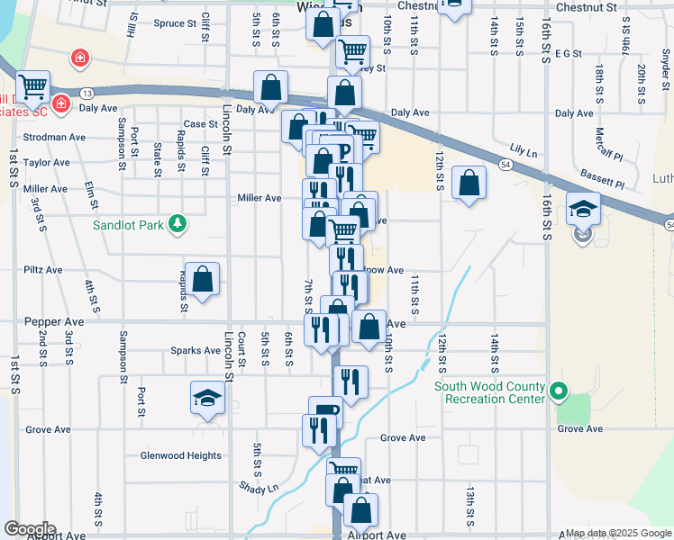map of restaurants, bars, coffee shops, grocery stores, and more near 2201 8th Street South in Wisconsin Rapids