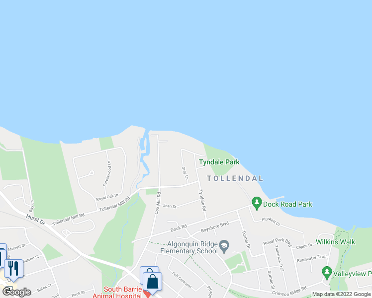 map of restaurants, bars, coffee shops, grocery stores, and more near 16 Gray Lane in Barrie