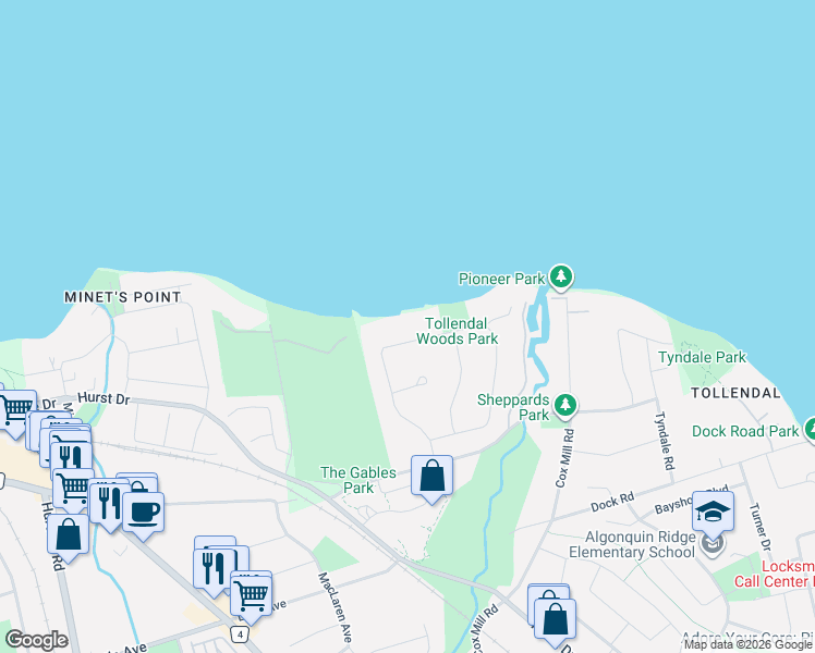 map of restaurants, bars, coffee shops, grocery stores, and more near 32 Royal Oak Drive in Barrie