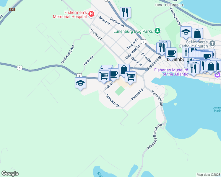 map of restaurants, bars, coffee shops, grocery stores, and more near in Lunenburg