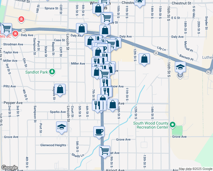 map of restaurants, bars, coffee shops, grocery stores, and more near 2201-2211 8th Street South in Wisconsin Rapids