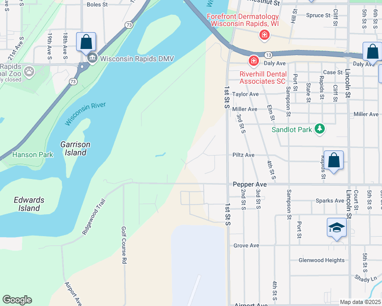 map of restaurants, bars, coffee shops, grocery stores, and more near 2210 Bridle Path in Wisconsin Rapids