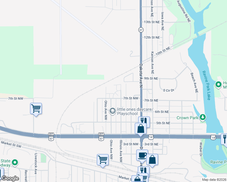 map of restaurants, bars, coffee shops, grocery stores, and more near 335-347 7th Street Northwest in Huron