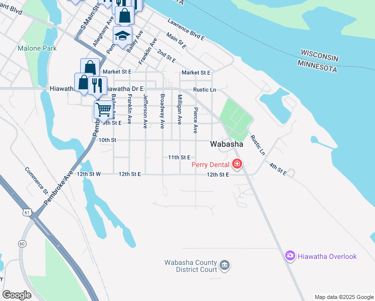 map of restaurants, bars, coffee shops, grocery stores, and more near 605 11th Street East in Wabasha