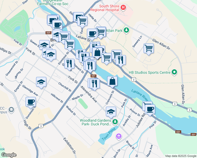 map of restaurants, bars, coffee shops, grocery stores, and more near 350 King Street in Bridgewater