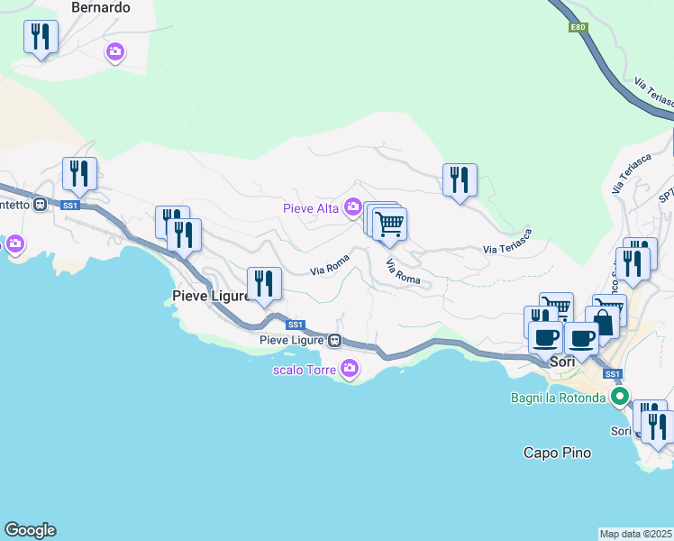 map of restaurants, bars, coffee shops, grocery stores, and more near 1A Via Baralla in Pieve Ligure