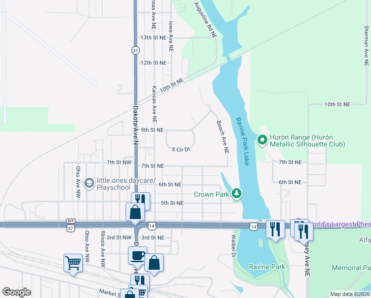 map of restaurants, bars, coffee shops, grocery stores, and more near 301-399 7th Street Northeast in Huron