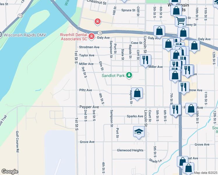map of restaurants, bars, coffee shops, grocery stores, and more near 420 Piltz Avenue in Wisconsin Rapids