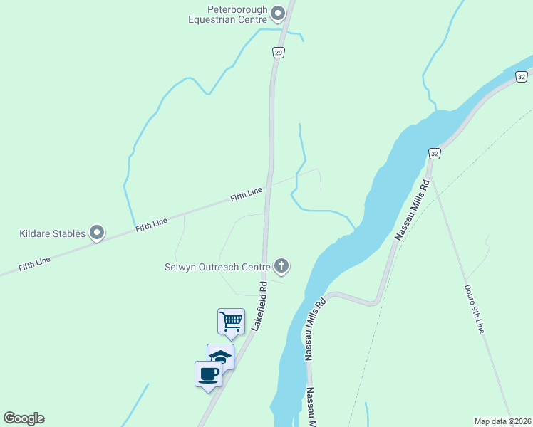 map of restaurants, bars, coffee shops, grocery stores, and more near 2725 Lakefield Road in Peterborough