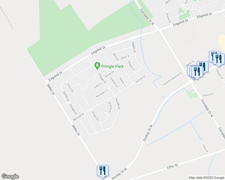 map of restaurants, bars, coffee shops, grocery stores, and more near 83 Pringle Drive in Barrie