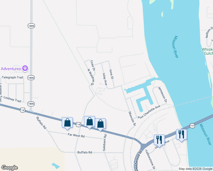 map of restaurants, bars, coffee shops, grocery stores, and more near Islay Avenue in Fort Pierre