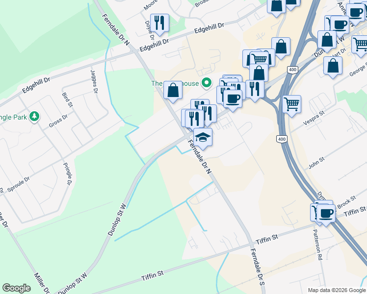 map of restaurants, bars, coffee shops, grocery stores, and more near 461 Dunlop Street West in Barrie