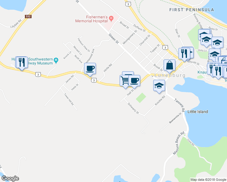 map of restaurants, bars, coffee shops, grocery stores, and more near 167 Victoria Road in Lunenburg