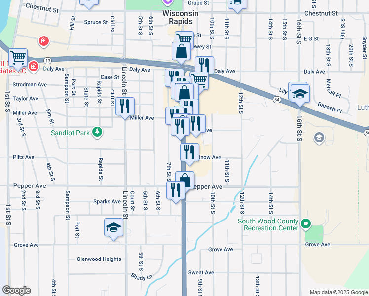 map of restaurants, bars, coffee shops, grocery stores, and more near 2011-2131 8th St S in Wisconsin Rapids
